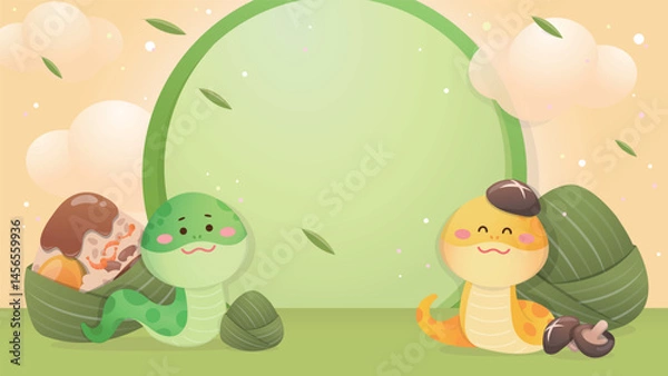Obraz Poster to celebrate Chinese Dragon Boat Festival, Zongzi and Chinese zodiac snake, happy atmosphere, delicious glutinous rice