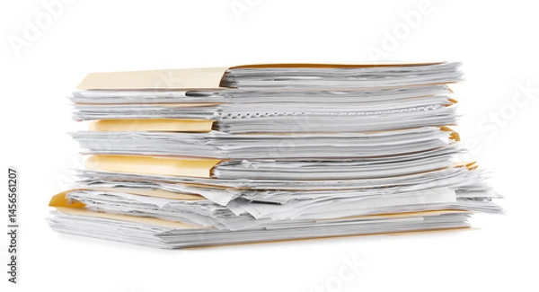 Fototapeta Stack of file folders with papers isolated on white