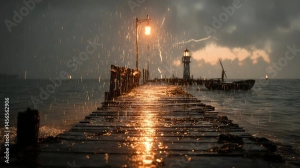 Fototapeta Rainy Evening at the Dock with Lighthouse Illumination