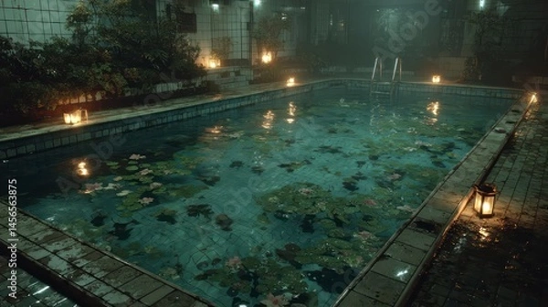 Fototapeta Abandoned Pool at Night with Lotus Flowers and Lanterns Serene Atmosphere for Relaxation and M