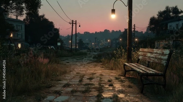 Fototapeta Twilight Pathway with Rustic Bench and Glowing Streetlights