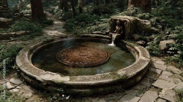 Fototapeta Enchanted Forest Fountain with Ancient Statue and Lush Greenery Nature Scene for Fantasy Rela