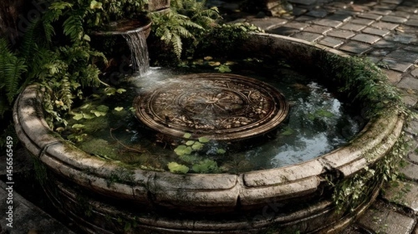 Fototapeta Serene Garden Fountain with Lush Greenery and Detailed Stone Work Ideal for Nature Relaxation