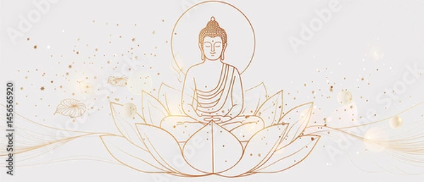 Obraz golden line art of buddha seated in meditation on white background with soft lotus petals and shimmering sparkles featuring clean modern and luxury minimalism concept of spa branding wellness retreat