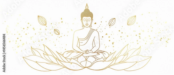 Obraz golden line art of buddha seated in meditation on white background with soft lotus petals and shimmering sparkles featuring clean modern and luxury minimalism concept of spa branding wellness retreat