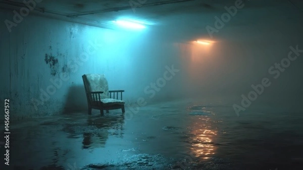 Fototapeta Eerie Chair in Flooded Room with Mysterious Lighting and Reflections