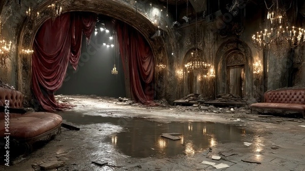 Fototapeta Abandoned Theater with Red Curtains and Chandeliers Decayed Interior Gothic Atmosphere Ruine