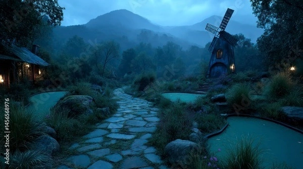 Fototapeta Enchanting Evening Pathway with Windmill and Cottage in a Serene Forest Setting