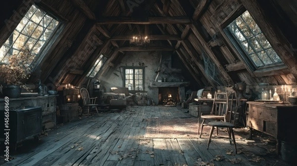 Fototapeta Cozy Attic with Rustic Charm and Warm Fireplace Vintage Furniture Wooden Beams and Sunlit Wi