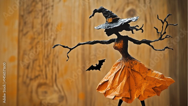 Fototapeta Whimsical witch figure in orange dress and hat, stylized Halloween decoration with black background and bats in motion.