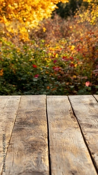 Fototapeta Rustic Wooden Tabletop Display with Blurred Autumn Foliage Background for Product Mockups and Seasonal Presentations in Natural Light