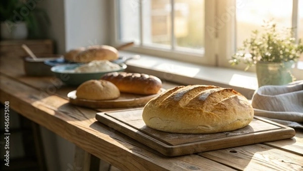 Obraz Fresh Bread & Natural Light: Wooden Table Still Life
