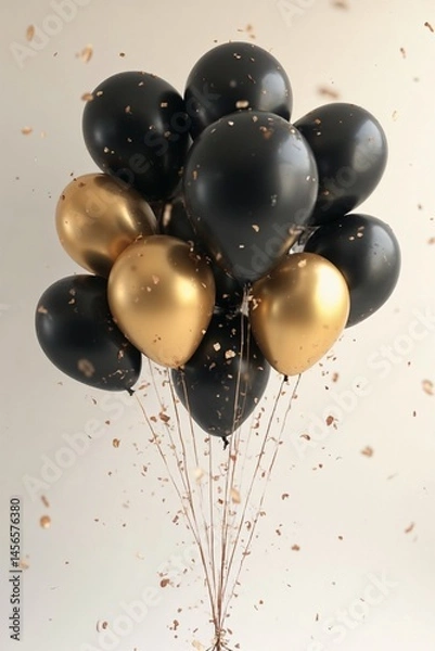 Fototapeta Bunch of black and gold balloons tied together, floating in the air, soft lighting, minimal background