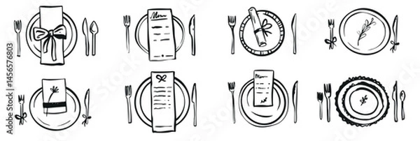 Fototapeta Hand drawn dinner table serving illustration wedding party invitation menu design. Restaurant cafe illustration in retro vintage doodle sketch style.