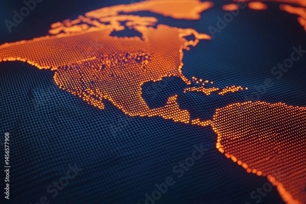 Fototapeta Orange Dots on Dark Grid Showing Americas with Digital Effects