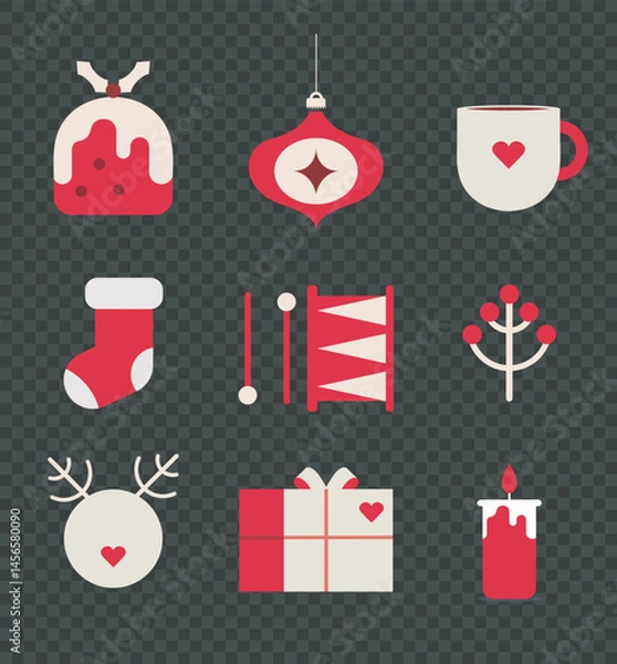 Obraz Retro Christmas icons in red, green, and beige, vector set. Geometric Christmas flat illustration set with space for text. Cute holiday and Christmas icons, including festive vector elements.