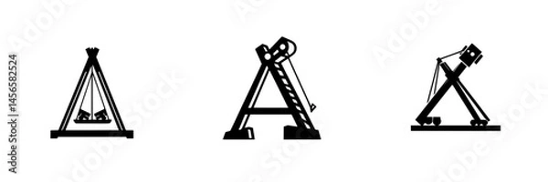 Fototapeta Vector illustration of construction equipment icons representing cranes and hoisting devices in black and white design