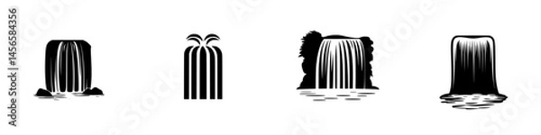 Fototapeta Various styles of black and white vector illustrations of waterfalls featuring different formations and flow styles