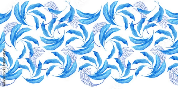 Fototapeta Watercolor seamless pattern with dark blue-blue stylized acanthus leaves and graphic elements
