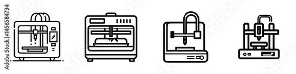 Fototapeta Vector illustration of four different 3D printers showcasing diverse designs and features in a modern workshop setting