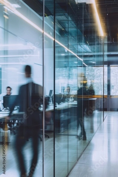 Fototapeta Blurred motion of business people walking in modern office hallway with glass walls and desks in daytime