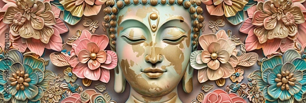 Obraz Buddha head illustration with leaves, flowers