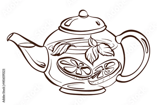 Fototapeta Linear sketch of a single teapot. Transparent contour drawing in doodle style. Suitable for tea labels, cafe menu design, and herbal drink themes. Elements of traditional and organic tea culture.