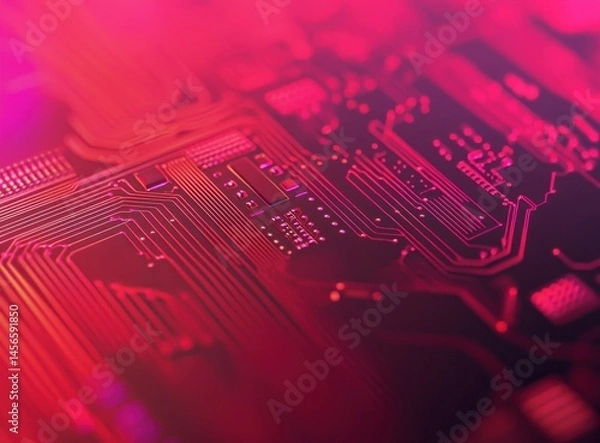 Fototapeta Abstract Close-Up of Circuit Board with Pink and Red Lighting Effects