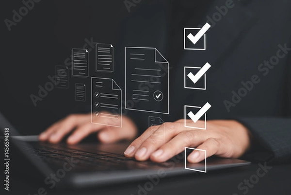 Fototapeta Business performance monitoring and evaluation concept, take an assessment, Businesswoman using laptop online checklist survey, filling out digital checklist, Questionnaire with checkboxes.