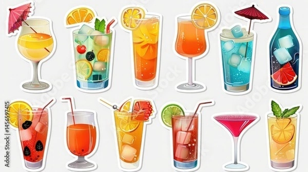 Fototapeta colorful set of cartoon cocktail stickers featuring various vibrant drinks with fruit, ice, and umbrellas, perfect for summer themes, parties, and tropical design elements