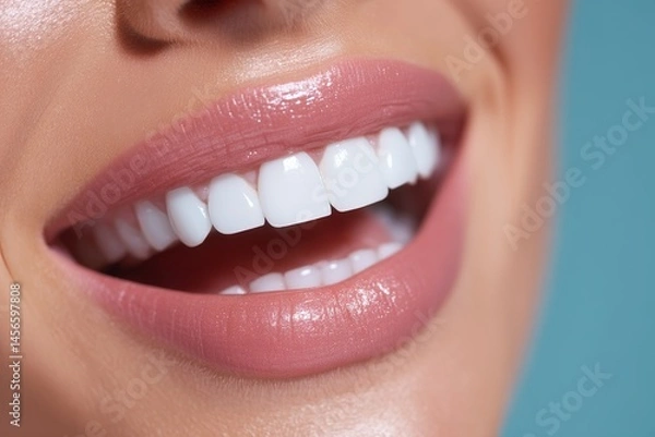 Fototapeta A woman's mouth is shown in close-up, holding a toothbrush, making it perfect for health and beauty advertisements or drawings