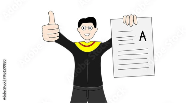 Fototapeta A student celebrates an A grade with a thumbs up and a report card.