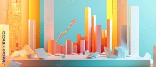Obraz Abstract Pastel Bar Graph with Rising Arrow Demonstrating Financial Growth and Success in a Modern Style