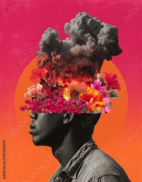 Obraz High contrast art featuring a human face blending seamlessly with flowers and clouds in a surreal collage