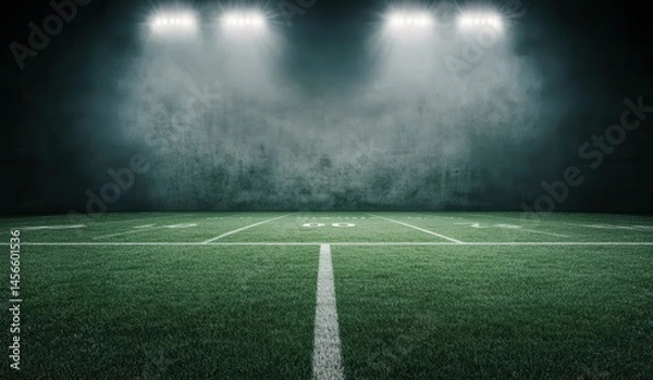 Fototapeta Empty Football Field with Spotlights and Dramatic Atmosphere