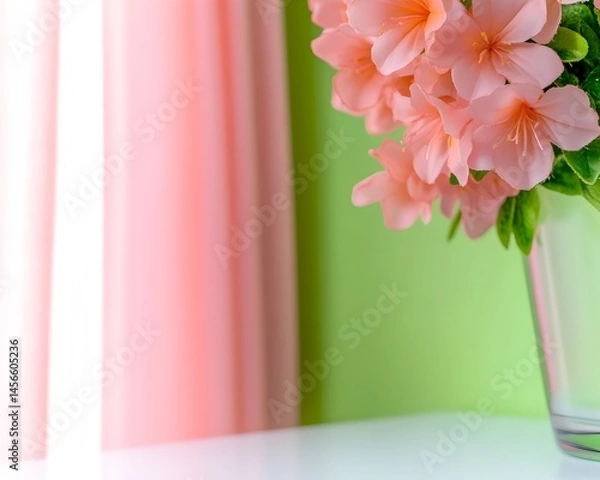 Fototapeta Peach-colored artificial flowers in a clear vase sit on a white surface against a pale green wall and pink curtain