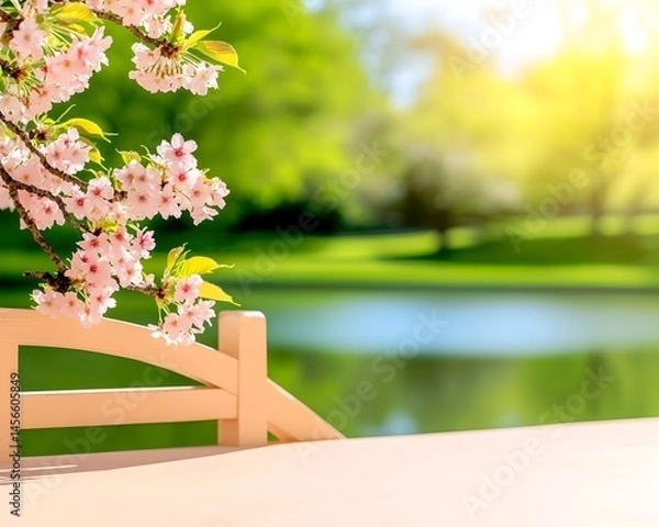 Fototapeta Serene spring scene delicate pink blossoms grace a white fence overlooking a tranquil pond and lush green landscape bathed in warm sunlight