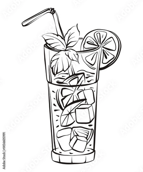 Fototapeta Cold summer beverage in a transparent glass with ice cubes lemon and lime slices and a straw. Citrus fruits and juice splash. Hand drawn vector illustration doodle style, isolated on white background.