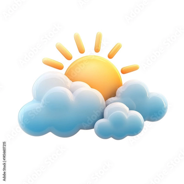 Fototapeta 3D partly cloudy icon with sun peeking behind fluffy clouds, soft lighting isolated on a transparent background