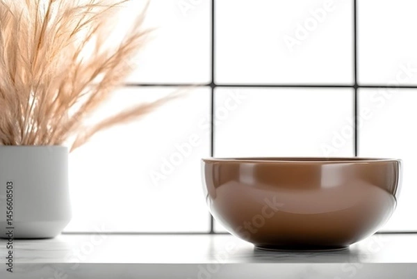 Fototapeta A brown bowl sits on a marble surface next to a vase of dried pampas grass against a bright window