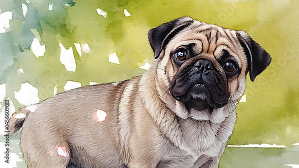 Fototapeta Vector illustration of a pug puppy in watercolor. Small, wrinkled, short-haired, soft dog.