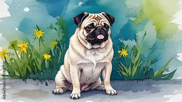Fototapeta A Pug Dog puppy vector illustration in watercolor painting splash. grass and flower  background