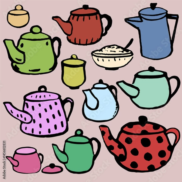 Fototapeta Different colorful pots. Vector, isolated. Hand draw doodle, ink texture.