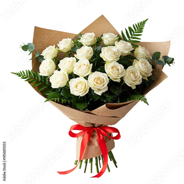Fototapeta Elegant creamy white roses wrapped in rustic kraft paper, accented with lush greenery and a bold red ribbon perfect for adding timeless sophistication to your projects Isolated on white