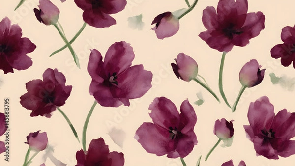 Fototapeta Seamless spring floral pattern with pink rose and poppy flowers, a beautiful vector illustration for nature-inspired design