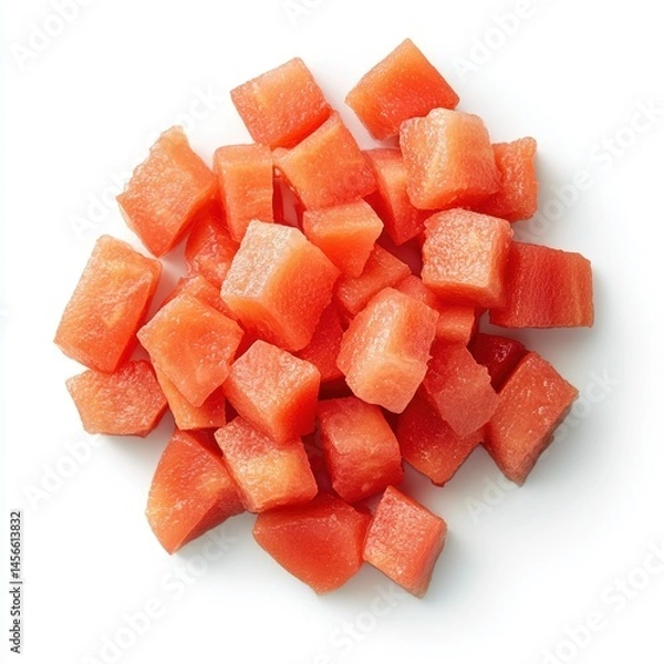 Fototapeta Watermelon cubes pile overhead studio shot on white background showcasing fresh fruit preparation for summer snack
