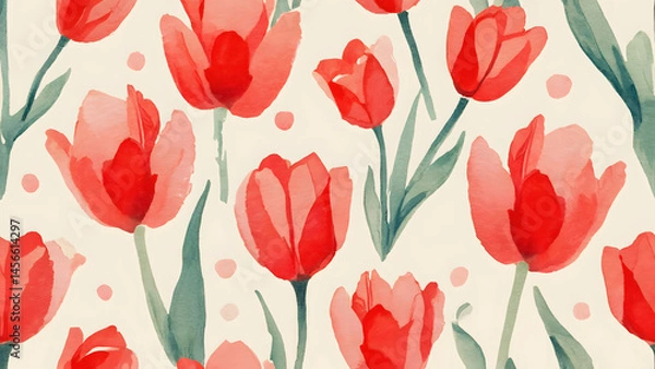 Fototapeta A seamless pattern displays beautiful tulips, colorful spring flowers, on a natural green background, showcasing floral beauty	
