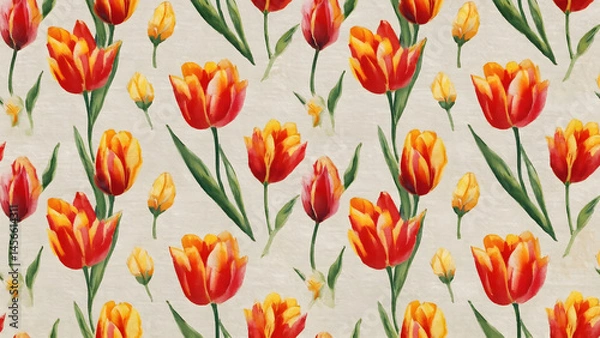 Fototapeta A seamless pattern displays red and yellow tulips, colorful spring flowers, on a natural green background, showcasing floral beauty