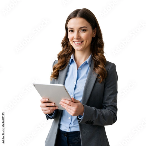 Obraz Happy businesswoman with tablet, business concept, isolated on transparent background