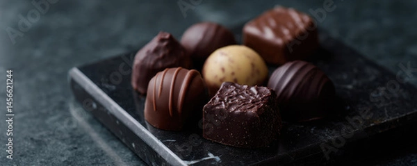 Fototapeta Assorted gourmet dark chocolates on marble slab, rich and indulgent